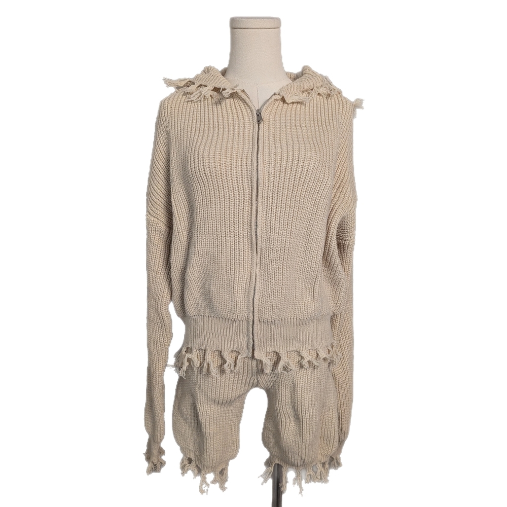 Hooded fringe zip up knit sweater and shorts set